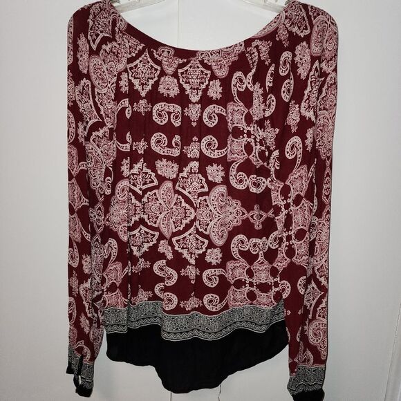 Lucky Brand Womens M Burgundy BOHO Paisley Print Chiffon Blouse Top Hippie Flowy - Picture 7 of 16